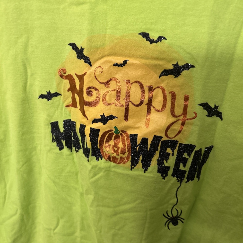 Women 1X Lime Green Happy Halloween Spider T Shirt Top - Picture 2 of 5